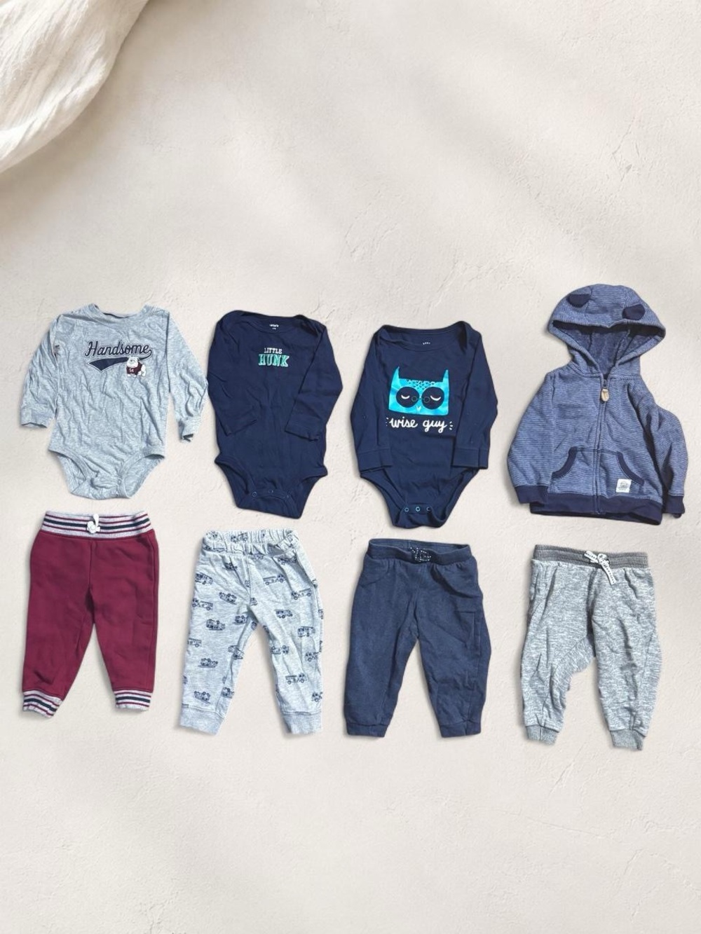 Carter's Navy Gray Burgundy Baby hoodie, One-Piece Bodysuits, & Pants Sets 9-12M